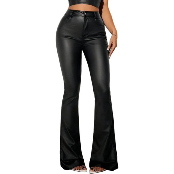Pants - Women's 1 Black Cozy Faux Leather Flare Bell Bottom Sexy Legging Zipper Pants